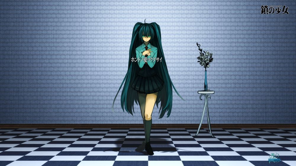 Обои для рабочего стола Vocaloid Hatsune Miku / Вокалоид Хатсуне Мику стоит в пустой комнате на шахматном полу, chaingirl