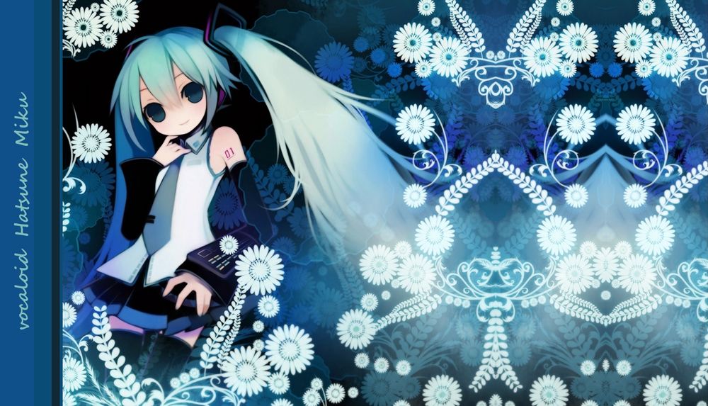 Обои для рабочего стола Vocaloid Hatsune Miku / Вокалоид Хатсуне Мику стоит на фоне цветочного узора