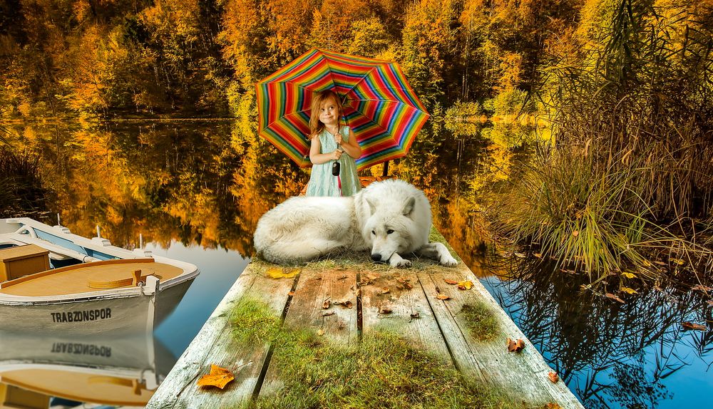 Обои для рабочего стола Девочка с зонтиком, белая собака рядом, на мостках у озера, деревья в осеннем убранстве на заднем плане, by Omer Kurt
