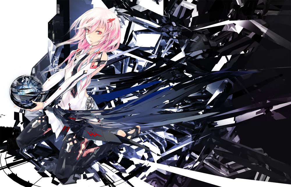 Обои для рабочего стола Инори Юдзуриха / Inori Yuzuriha из аниме Корона грешника / Guilty Crown держит в руках сферу на черно-белом фоне