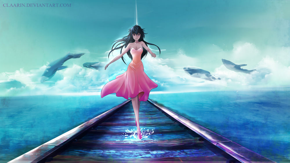 Обои для рабочего стола Длинноволосая девушка в розовом платье идет по рельсам в воде, на фоне неба и дельфинов, by Claarin