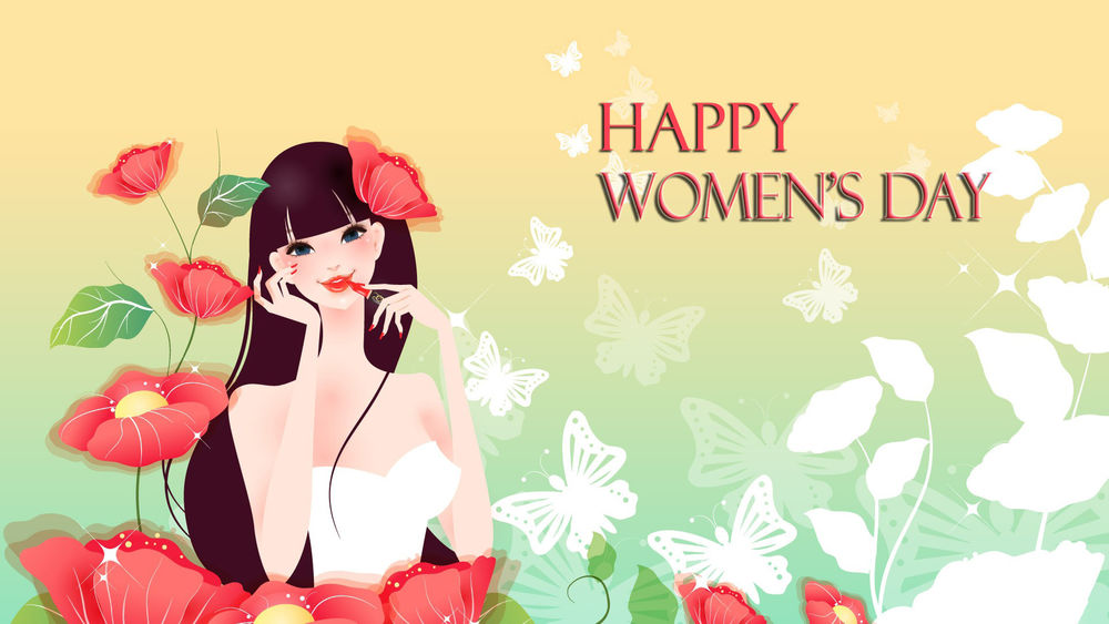 Обои для рабочего стола Девушка красит губы возле красных цветов (Happy womens day / Счастливого женского дня)