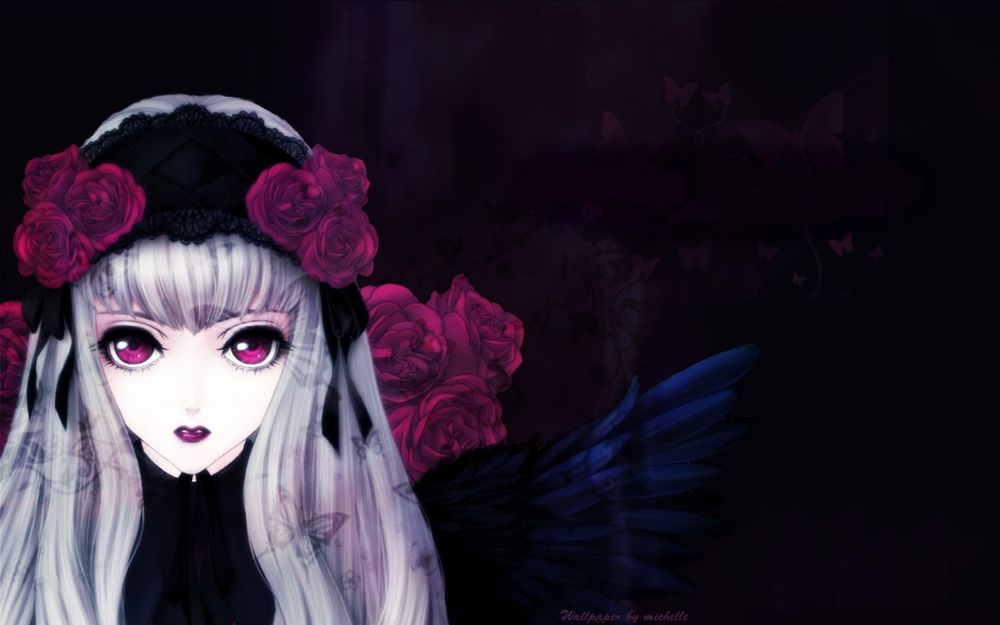 Обои для рабочего стола Суйгинто / Suigintou из аниме Девы Розена / Rozen Maiden с красными розами во тьме
