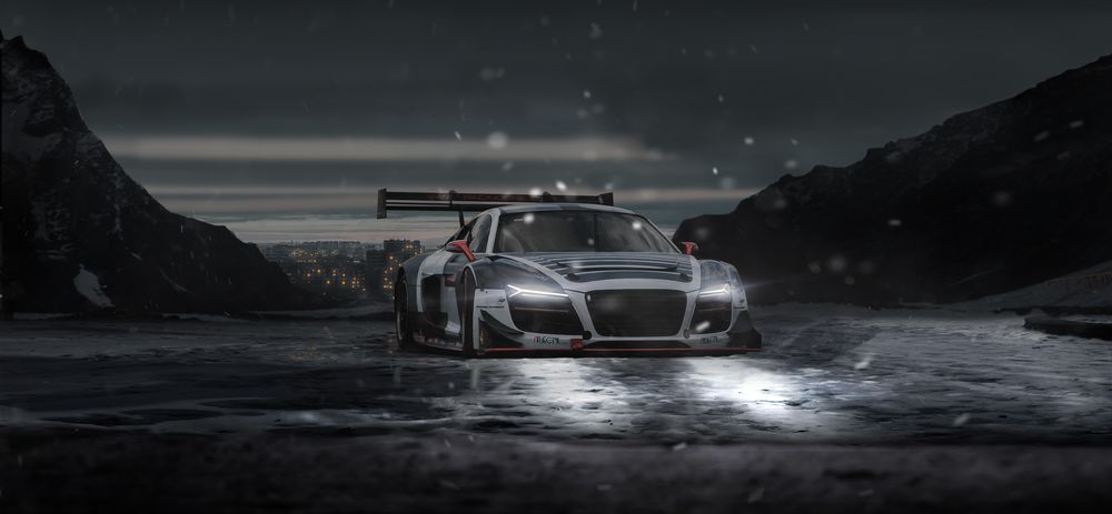 Обои для рабочего стола Audi R8 LMS GT4 на заснеженной дороге, среди гор, на фоне огней ночного города