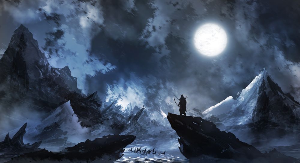 Обои для рабочего стола Воин на каменном выступе, среди скал, смотрит на оленей зимней лунной ночью, by TacoSauceNinja