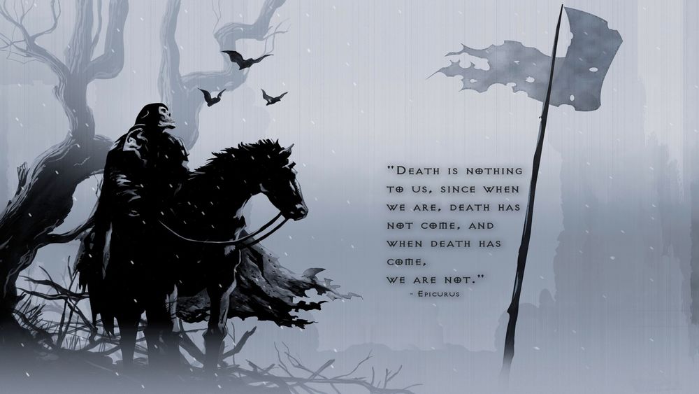 Обои для рабочего стола Смерть на коне с флагом (Death is nothing to us, since when we are, death has not came. and when death has cov, we are not / Смерть ничто для нас, пока мы есть ее нет, когда она есть, нас нет)