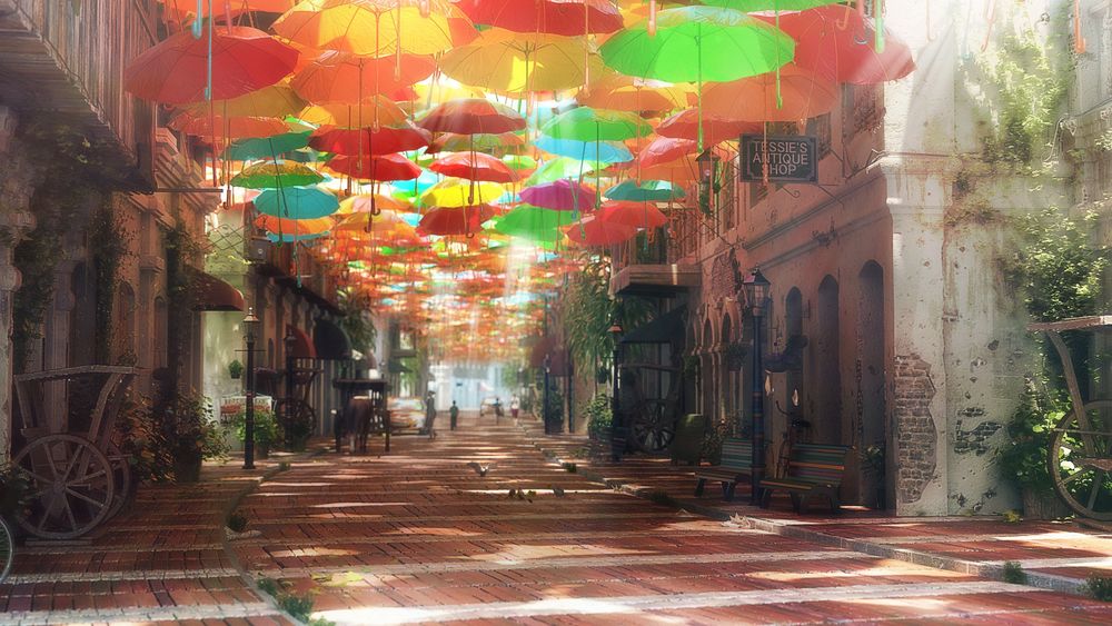 Обои для рабочего стола Разноцветные зонтики висят на улице города, by Murad AbuJaish