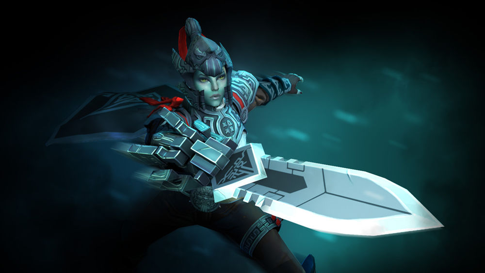 Обои для рабочего стола Phantom Assassin / Призрачная Убийца - герой игры Дота 2 / Dota 2 направляет свой меч на жертву