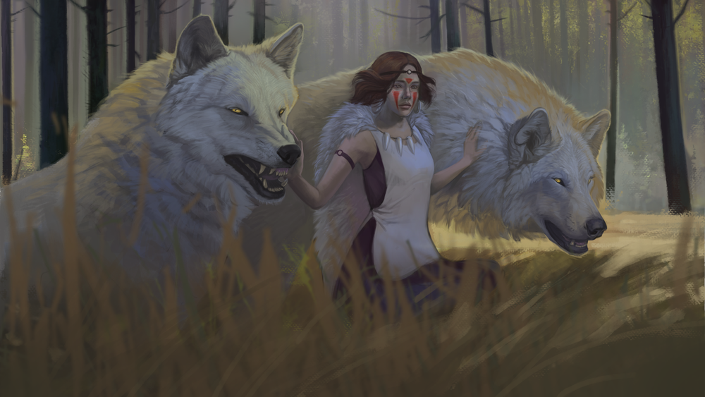 Обои для рабочего стола Принцесса Мононокэ Сан / San с волками, из аниме Princess Mononoke / Принцесса Мононоке / Mononoke Hime, by Aivoree