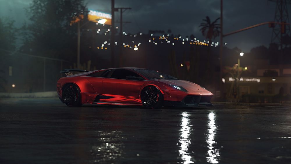 Обои для рабочего стола Бордовый Lamborghini Murcielago / Ламборджини Мурселаго на площадке ночного города после дождя