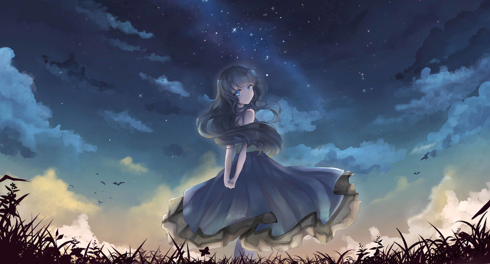 Обои для рабочего стола Темноволосая и голубоглазая девушка в в платье стоит в траве на фоне звездного неба с облаками, by Sternenmelodie