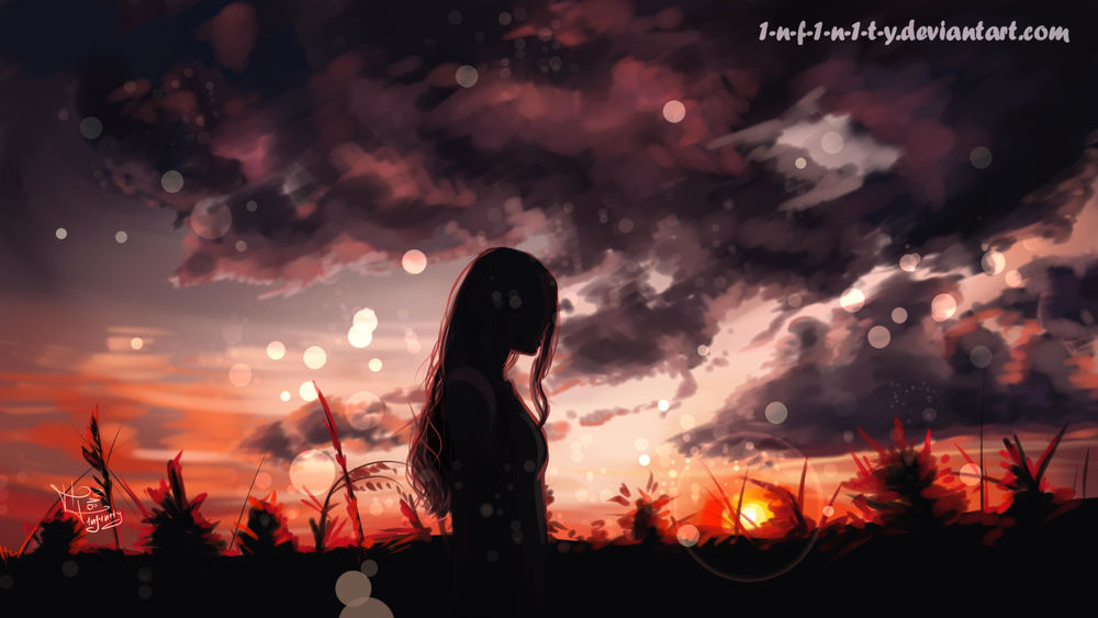 Обои для рабочего стола Девушка на фоне ночного облачного неба, by 1-N-F-1-N-1-T-Y -Polina Chelyadinova