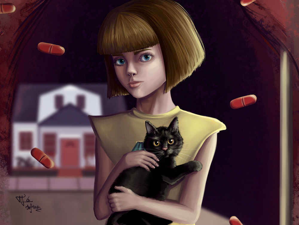 Обои для рабочего стола Девушка с кошкой на руках, by Polina Chelyadinova