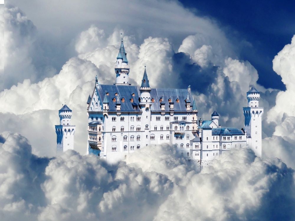 Обои для рабочего стола Neuschwanstein Schloss, Deutschland / Замок Нойшванштайн, Германия в облаках на фоне неба стального цвета, фотошоп, by Sarah Richter Art