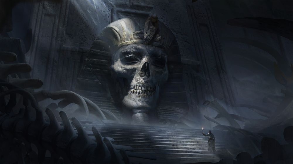 Обои для рабочего стола Мужчина с факелом стоит у входа в древнюю Skeleton tomb / Могилу скелета, by Alisher Mirzoev
