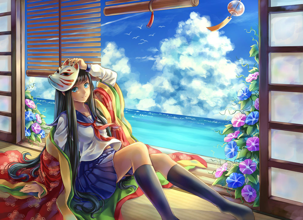 Обои для рабочего стола Темноволосая девушка с голубыми глазами школьница, придерживает рукой маской сидя на полу рядом с цветами на фоне неба с облаками и моря, by tandolcedeco