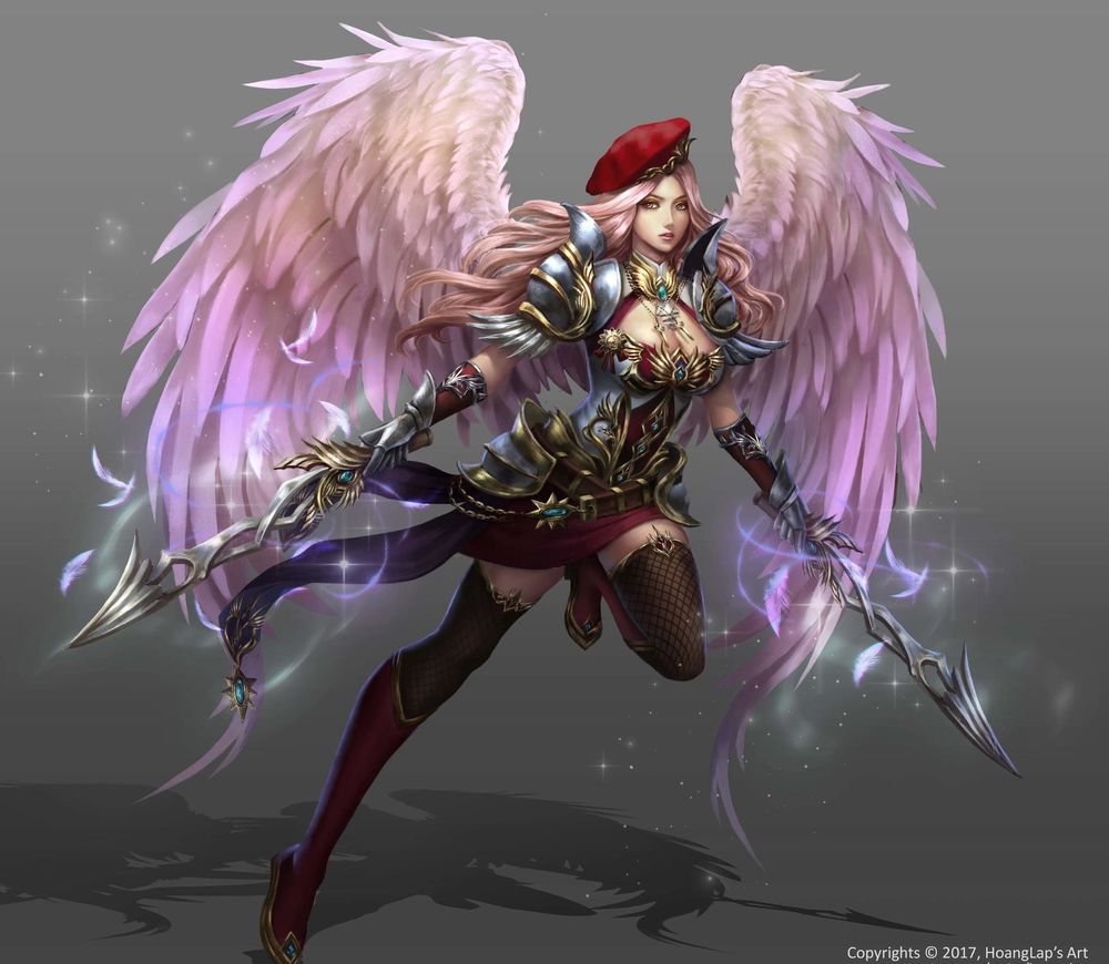 Обои для рабочего стола Девушка-ангел с оружием, окутанная магическим светом, арт к игре Legion War / Легион войны, by Solan