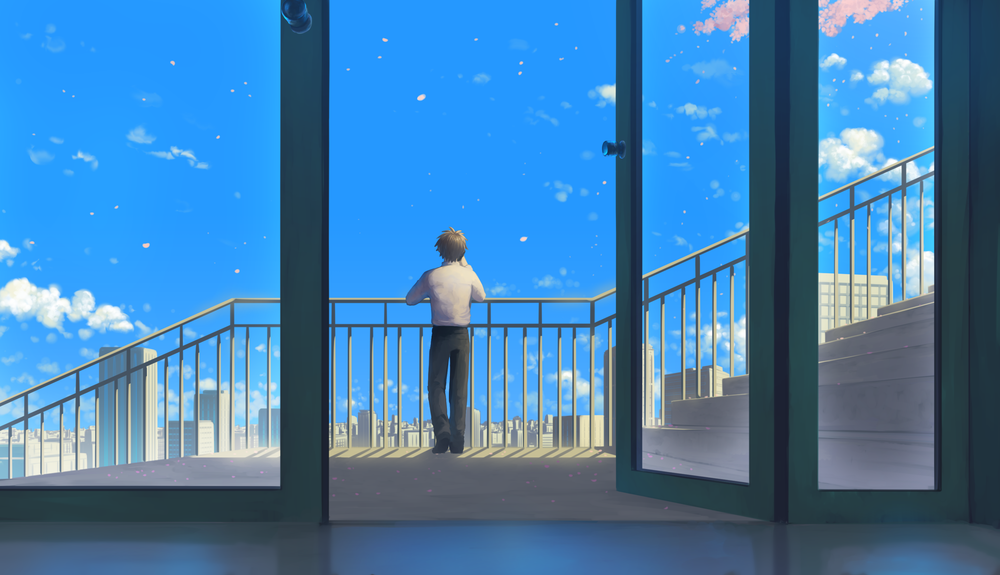 Обои для рабочего стола Парень стоит на лестнице, откуда открывается вид на голубое небо и город