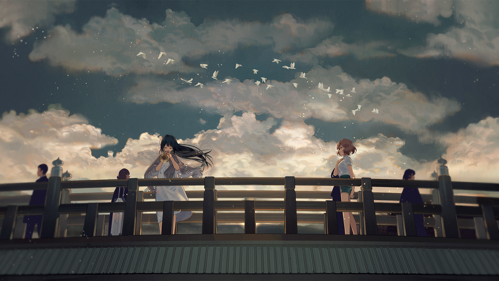 Обои для рабочего стола Персонажи Kousaka Reina, Oumae Kumiko стоят на мосту, аниме Звучи! Эуфониум / Hibike! Euphonium