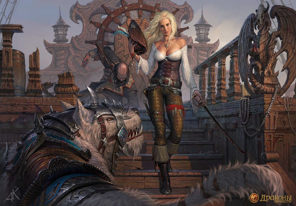 Обои для рабочего стола Девушка-пират стоит на палубе парусника рядом с драконом в броне, арт к игре Time of Dragons / Драконы Вечности, by Kuzinskiy