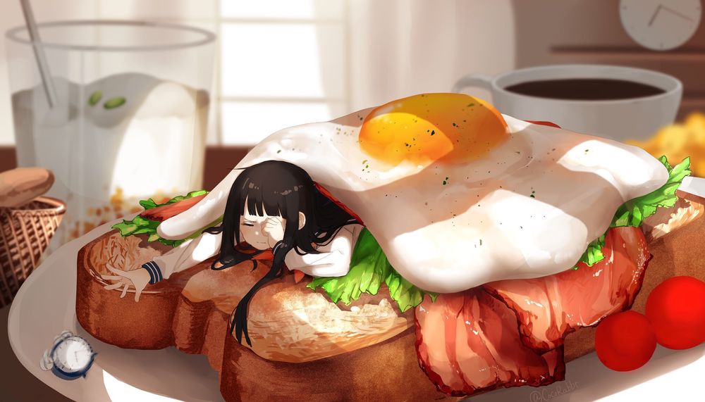 Обои для рабочего стола Школьница пытается дотянуться до будильника, проснувшись на сэндвиче с глазуньей, by yuzua