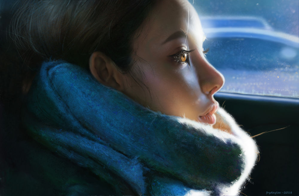 Обои для рабочего стола Девушка в шарфе, by Lion lee