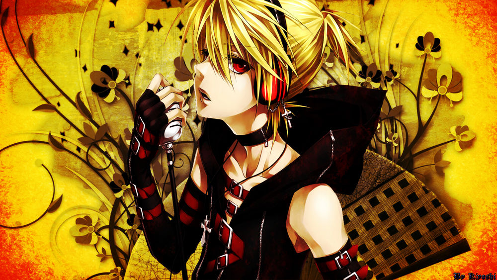 Обои для рабочего стола Vocaloid Kagamine Len / вокалоид Кагамине Лен в наушниках и с микрофоном, by Rinoshi