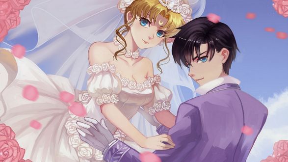 Обои на рабочий стол Сейлор Мун / Sailor Moon в свадебном платье с женихом на фоне голубого неба и лепестков роз из аниме Красавица-воин Сейлор Мун / Bishoujo Senshi Sailor Moon