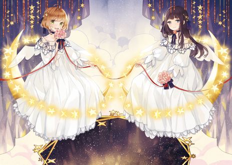 Обои на рабочий стол Сакура Киномото / Sakura Kinomoto с Daidouji Tomoyo в окружении звезд держат красную ленту из аниме Сакура - собирательница карт / Card captor sakura, art by Kyang692
