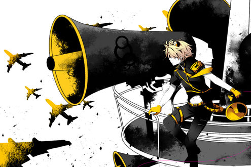 Обои на рабочий стол Vocaloid Kagamine Len / вокалоид Кагамине Лен в наушниках рядом с огромным микрофоном на фоне летящих самолетов