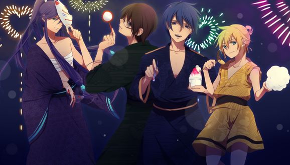Обои на рабочий стол Вокалоиды Камуи Гакупо / Kamui Gakupo с маской, Shion Kaito, Hiyama Kiyoteru и Kagamint Rin веселятся на летнем фестивале