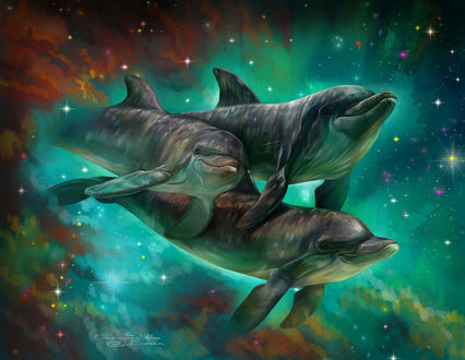 Обои на рабочий стол Dolphins and stars / Дельфины и звезды, by Елена Саморядова