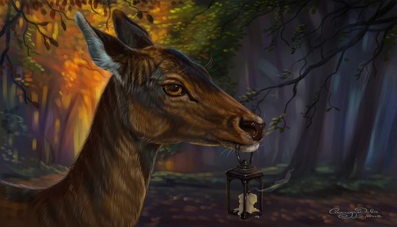 Обои на рабочий стол Deer / Олень стоит в лесу с подсвечником во рту, by Елена Саморядова