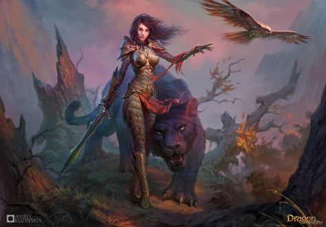 Обои на рабочий стол Воительница стоит с пантерой, арт к игре Time of Dragons / Драконы Вечности, by Kuzinskiy