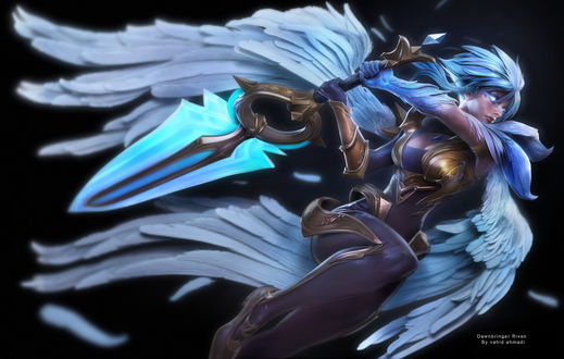 Обои на рабочий стол Riven / Ривен с фантастическим мечом, горящим магическим светом, из игры League of Legends / Лига Легенд, by vahid ahmadi