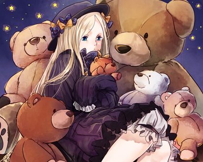Обои на рабочий стол Abigail Williams в окружении плюшевых медведей, из игры Fate / Grand Order / Судьба / Великий приказ