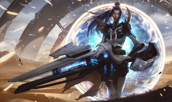 Обои на рабочий стол Caitlyn / Кейтлин с футуристическим оружием, из игры League of Legends / Лига Легенд, by Chengwei Pan