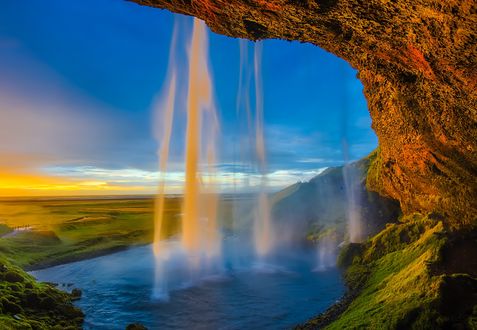 Обои на рабочий стол Водопад Skogafoss, Iceland / Скоугафосс, Исландия на закате дня, by 12019
