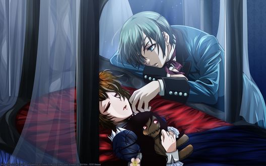Обои на рабочий стол Ciel Phantomhive / Сиэль Фантомхайв у гроба своей тети из аниме Kuroshitsuji / Темный дворецкий, art by Yana Toboso