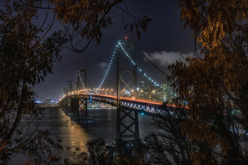 Обои на рабочий стол Ночной вид на Bay Bridge, San Francisco, USA / Мост через залив, Сан-Франциско, США