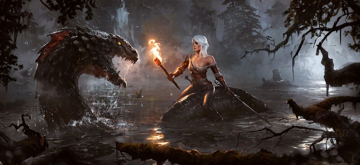 Обои на рабочий стол Cirilla / Цирилла и дракон в болоте, арт к игре The Witcher 3 / Ведьмак 3, by Greg Rutkowski