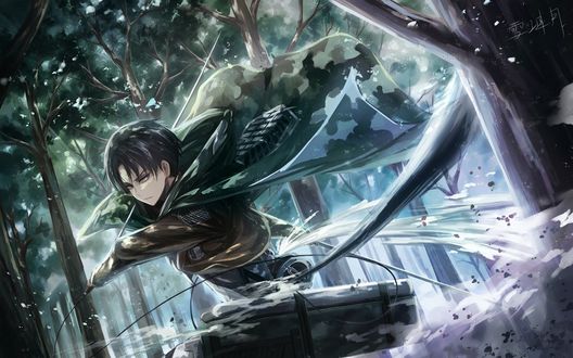 Обои на рабочий стол Levi / Леви сражается в лесу из аниме Атака Титана / Attack on Titan / Shingeki no Kyojin