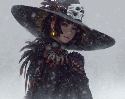 Обои на рабочий стол Девушка в шляпе с черепом cтоит под снегом, by GUWEIZвЂЏ