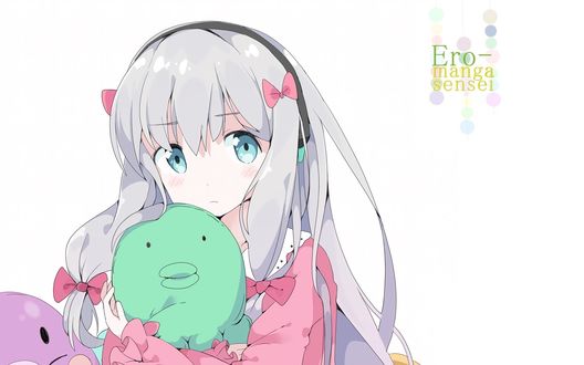 Обои на рабочий стол Sagari Izumi в обнимку с плюшевыми игрушками из аниме Ero-manga Sensei