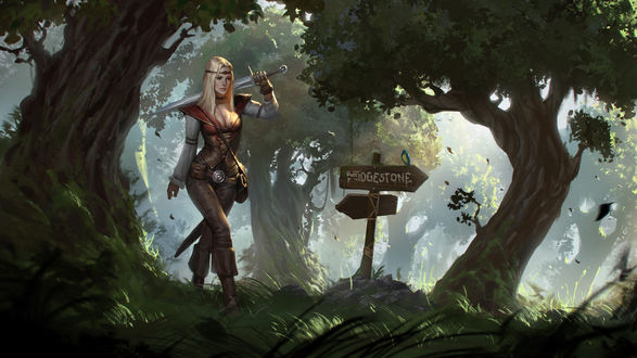 Обои на рабочий стол Воительница с мечом идет по лесу, by Greg Rutkowski