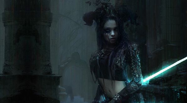 Обои на рабочий стол Портрет девушки-воина с оружием под дождем, by Mark Kolobaev
