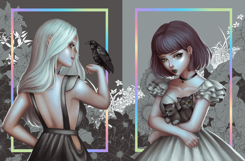 Обои на рабочий стол Девочка с котятами и с вороном, by Xelene Del Pilar