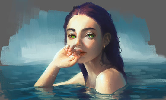 Обои на рабочий стол Девушка с зелеными глазами в воде, by Xelene Del Pilar
