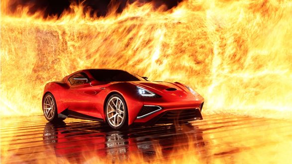 Обои на рабочий стол Красная Icona Vulcano на фоне огня вид спереди
