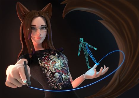 Обои на рабочий стол Девушка с ушами и хвостом рисует 3D-ручкой человека